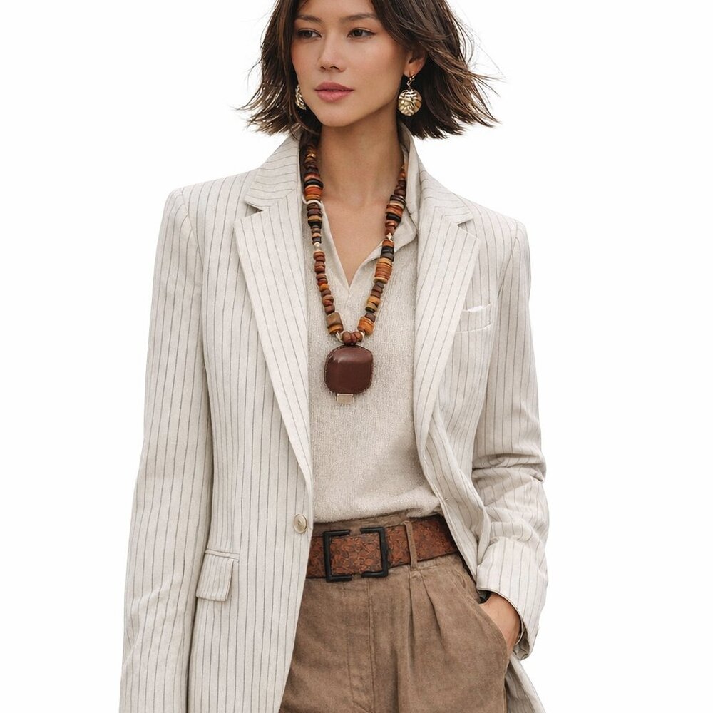 Cream coloured MNG Mango pinstripe blazer, 55% linen